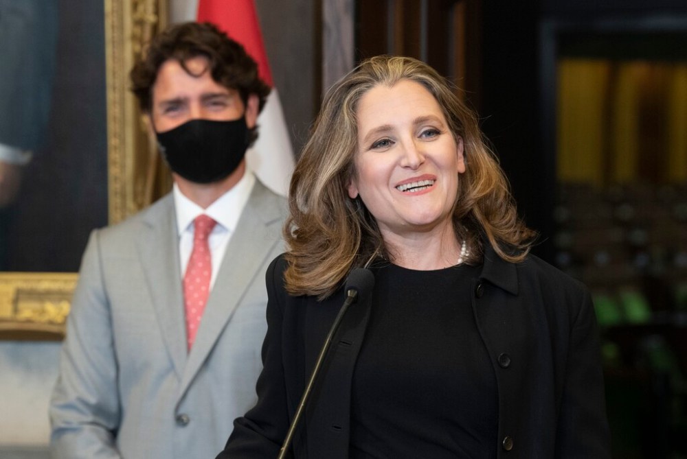 THE CANADIAN PRESS/Adrian Wyld
Prime Minister Justin Trudeau looks on as Chrystia Freeland speaks to media after being appointed Finance Minister in Ottawa, Tuesday.
