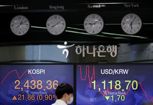 A currency trader walks near the screens showing the Korea Composite Stock Price Index (KOSPI), left, and the foreign exchange rate between U.S. dollar and South Korean won at the foreign exchange dealing room in Seoul, South Korea, Monday, Nov. 9, 2020. (AP Photo/Lee Jin-man)