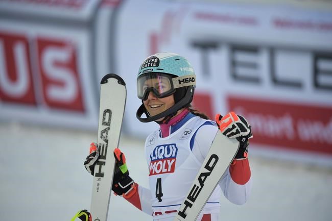 Wendy Holdener of Switzerland reacts after crossing the finish line in the second run of the women's slalom race of the FIS Ski Alpine World Cup in Are, Sweden, Friday, March 12, 2021. (Pontus Lundahl/TT News Agency via AP)
