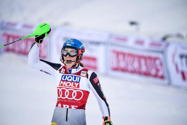 Petra Vlhova of Slovakia reacts after crossing the finish line in the second run of the women's slalom race of the FIS Ski Alpine World Cup in Are, Sweden, Friday, March 12, 2021. (Pontus Lundahl/TT News Agency via AP)