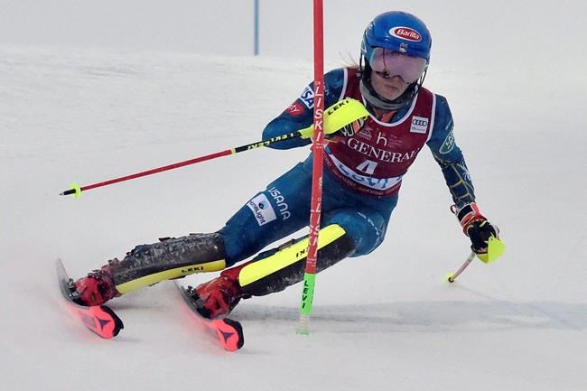 Mikaela Shiffrin of the United States competes during the first run of the FIS Alpine Ski World Cup women's slalom race at the Levi ski resort in Kittila, Finnish Lapland, Sunday, Nov. 22, 2020. (Jussi Nukari/Lehtikuva via AP)