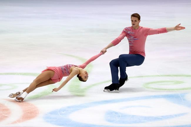 Alekasandra Boikova and Dmitrii Kozlovskii of Russia perform during pairs short program at the ISU European figure skating championships in Graz, Austria, Wednesday, Jan. 22, 2020. (AP Photo/Matthias Schrader)