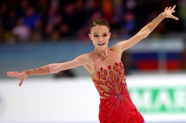 Anna Shcherbakova of Russia performs during the women's free skating competition at the ISU European figure skating championships in Graz, Austria, Saturday, Jan. 25, 2020. (AP Photo/Matthias Schrader)