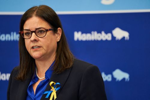 Manitoba Premier Heather Stefanson speaks to media following the delivery of the 2022 budget in Winnipeg on Tuesday at the Manitoba Legislative Building. (David Lipnowski / The Canadian Press)