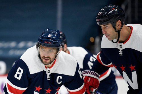Washington Capitals' Alex Ovechkin, left, and Zdeno Chara were supposed to play the Buffalo Sabres Thursday night but the game was postponed due to COVID-19. (AP Photo/Nick Wass)