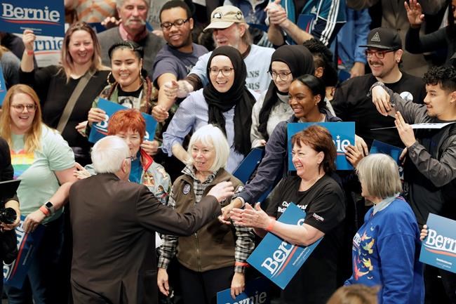 Democratic presidential candidate Sen. Bernie Sanders, I-Vt., greets supporters after speaking during a campaign rally Monday, March 9, 2020, in St. Louis. (AP Photo/Jeff Roberson)