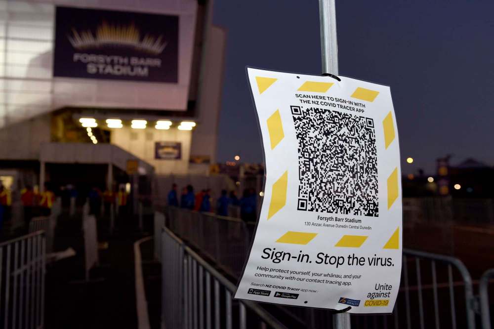 Joe Allison / Photosport / Associated Press filesP
A COVID-19 QR code attached to a barrier for patrons to scan as they enter the stadium ahead of the Super Rugby Aotearoa rugby game between the Highlanders and Chiefs in Dunedin, New Zealand, last June. Super Rugby Aotearoa is the first major rugby union tournament to resume since the COVID-19 outbreak and one of the first major sports events in the world at which there was no limitation on crowd size.