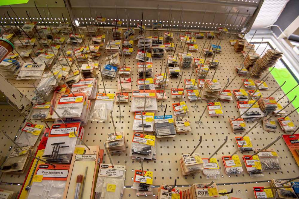 MIKE SUDOMA / WINNIPEG FREE PRESS
Racks of tiny bolts and other modelling supplies line a pegboard at Cellar Dweller.
