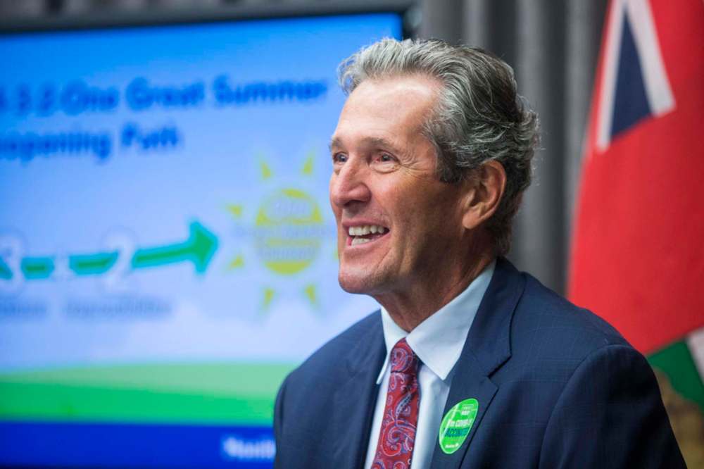 MIKAELA MACKENZIE / WINNIPEG FREE PRESS
Premier Brian Pallister announces the summer reopening plan at the Manitoba Legislative Building in Winnipeg on Thursday.