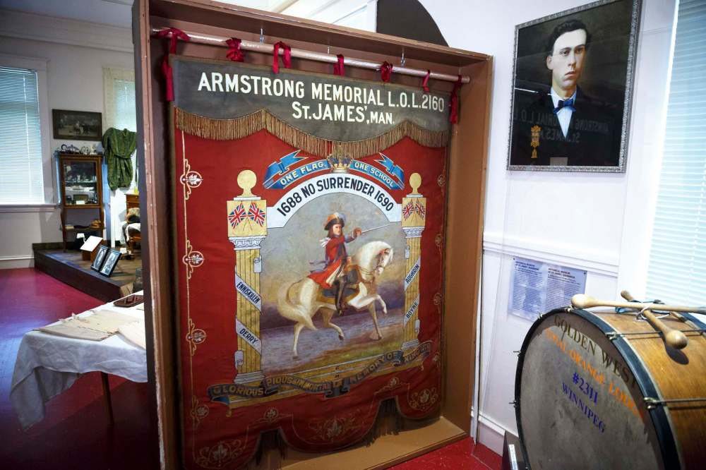 The St. James Armstrong Memorial Loyal Orange Lodge 2160 banner, circa 1901. The banner is a rare example of the material history of the Orange Lodge in Manitoba. (Mike Deal / Winnipeg Free Press)