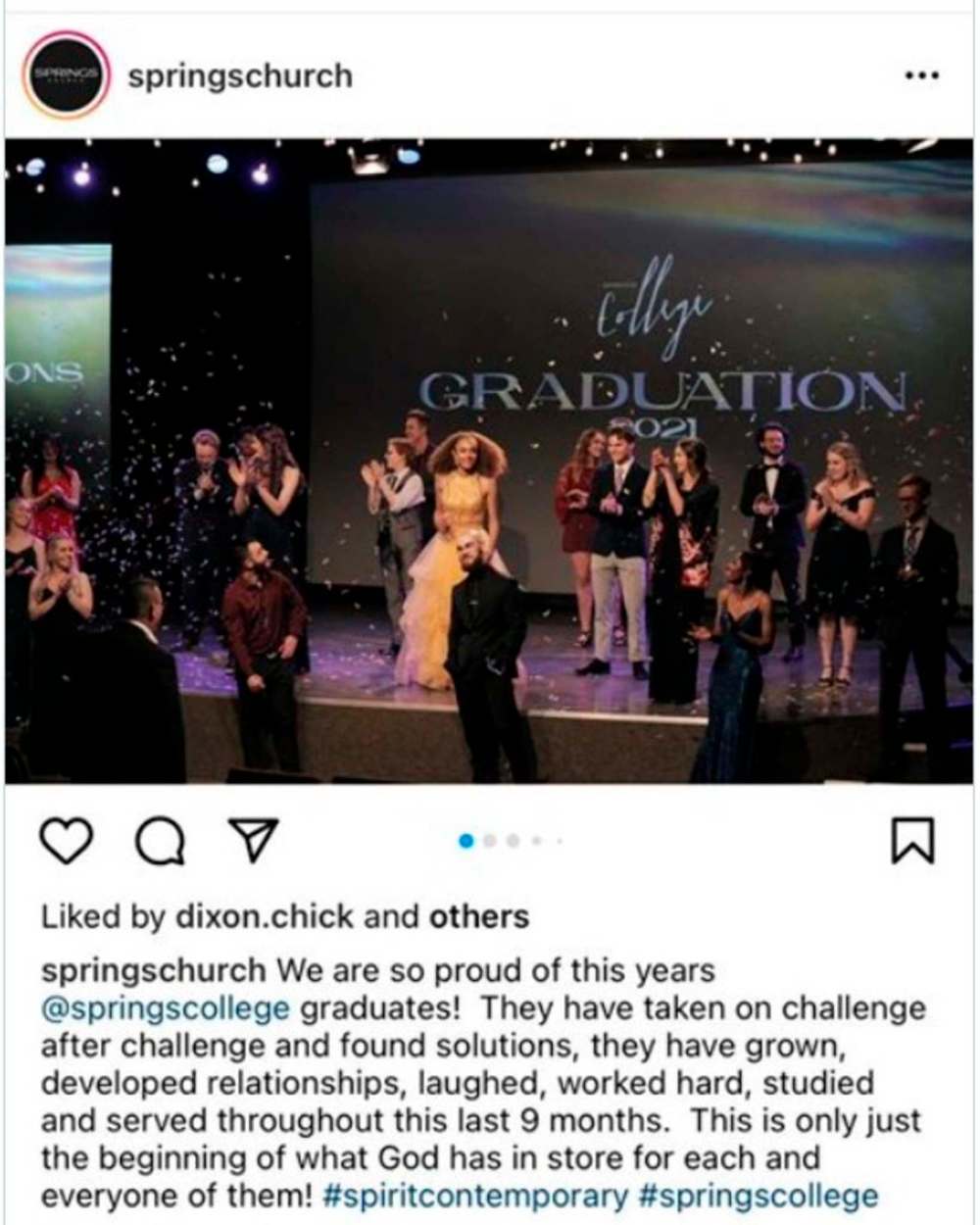 Graduates appear on stage without masks in a social-media post from Spring Church.(Instagram/Twitter)