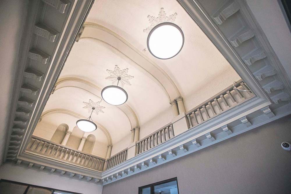 The foyer ceiling looks as it would have when the building opened as a movie theatre in 1931. (Mikaela MacKenzie / Winnipeg Free Press)