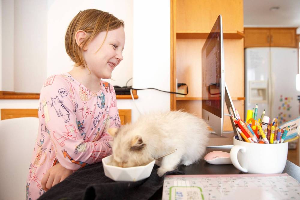 MIKE DEAL / WINNIPEG FREE PRESS 
Grade 2 student Piper Smith, 7, is one of many kids accessing school lessons through the Manitoba Remote Learning Support Centre. Piper uses it for French Immersion learning.