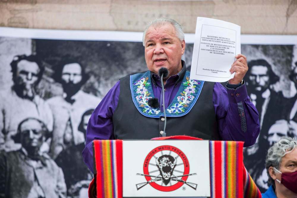 MIKAELA MACKENZIE / WINNIPEG FREE PRESS
Manitoba Metis Federation (MMF) president David Chartrand speaks at a signing ceremony at Upper Fort Garry Heritage Provincial Park in Winnipeg on Tuesday.