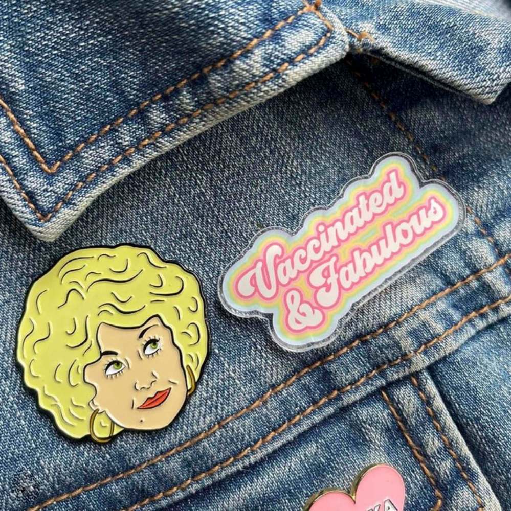 Local maker @kodiakmilly sells vaccination-themed goods such as masks, mugs and pins. (Instagram)