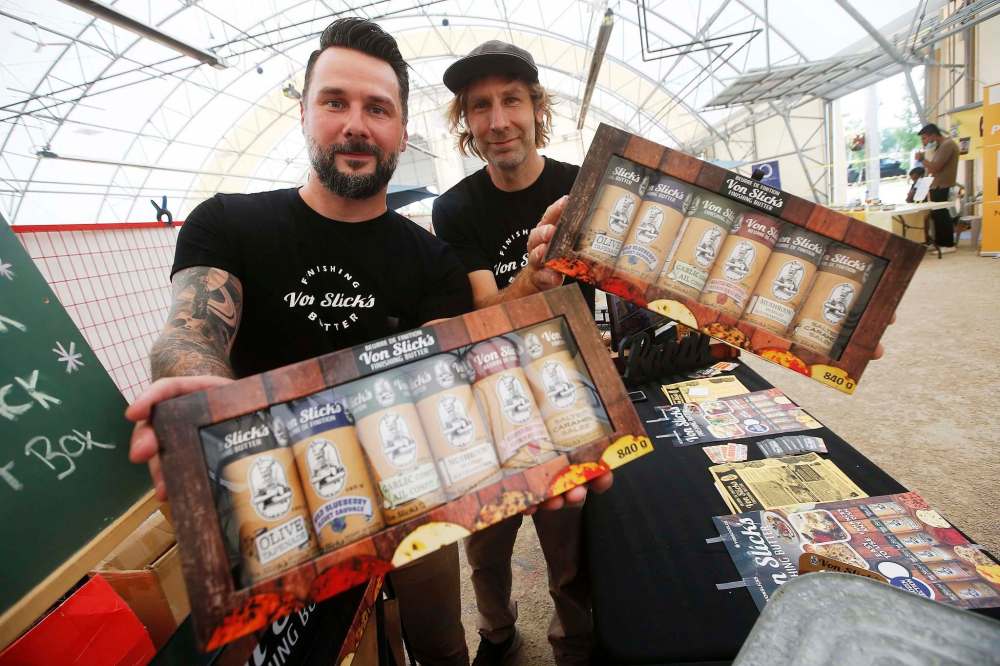JOHN WOODS / WINNIPEG FREE PRESS
Business partners Landon Kroeker, left, and Rob Sengotta have six flavours of their Von Slick’s Finishing Butter.