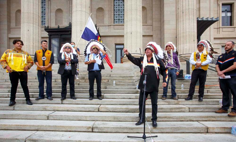 MIKE DEAL / WINNIPEG FREE PRESS
MKO Grand Chief Garrison Settee along with other chiefs from the Treaty 5 First Nations gather on the front steps of the Manitoba Legislative building Monday morning to announce an action plan to combat hate crime and racism.210719 - Monday, July 19, 2021.