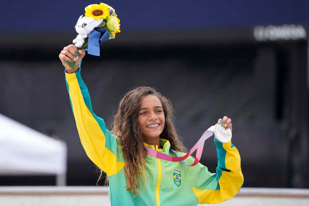 Ben Curtis / The Associated Press
Silver medal winner Rayssa Leal of Brazil holds her medal after the women's street skateboarding finals at the 2020 Summer Olympics Monday, in Tokyo, Japan.