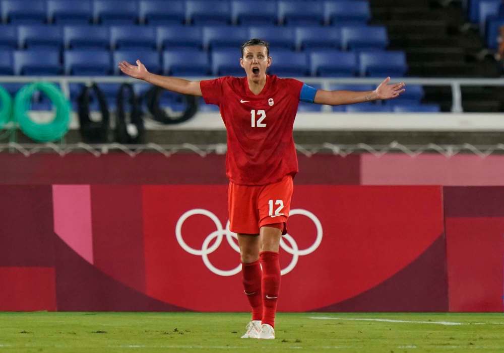 Adrian Wyld / The Canadian Press
Canada's Christine Sinclair pleads for a penalty kick during the women's soccer gold medal game against Sweden at the Tokyo Olympics Friday.