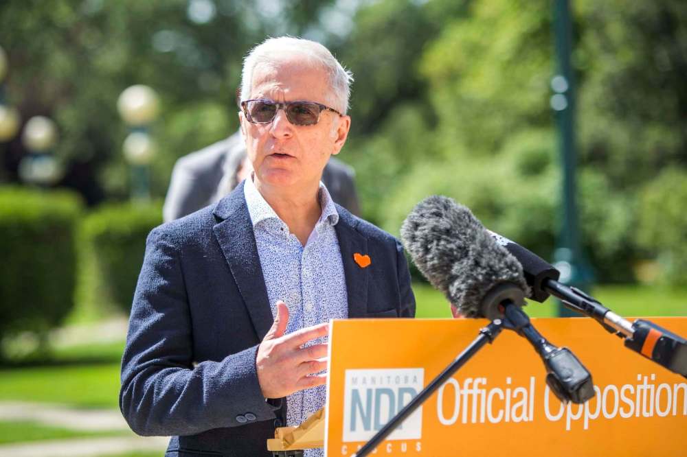 MIKAELA MACKENZIE / WINNIPEG FREE PRESS NDP MLA Nello Altomare speaks to the media behind the Manitoba Legislative Building in Winnipeg on Wednesday, Aug. 11, 2021. For Joyanne/Maggie story. Winnipeg Free Press 2021.