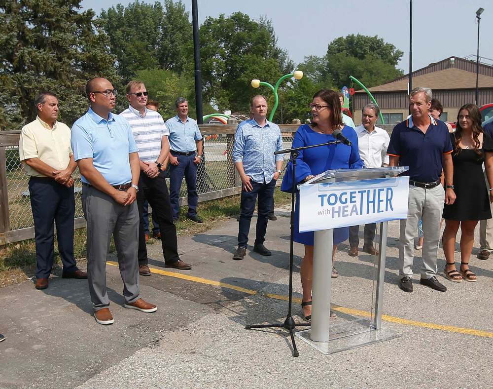 JOHN WOODS / WINNIPEG FREE PRESS
PC MLA Heather Stefanson at her announcement Wednesday that she will be running for the leadership of the Manitoba PC party, attended by Education Minister Cliff Cullen, far left.
