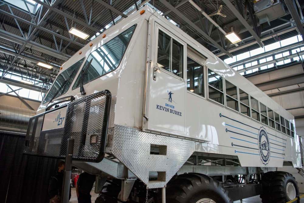The fully electric Tundra Buggy is 16 feet tall, 12 feet wide, and 45 feet long.