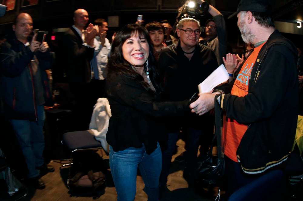 JOHN WOODS / WINNIPEG FREE PRESS Leah Gazan celebrates at the West End Cultural Centre in Winnipeg Centre in the federal election Monday, October 21, 2019. Reporter: