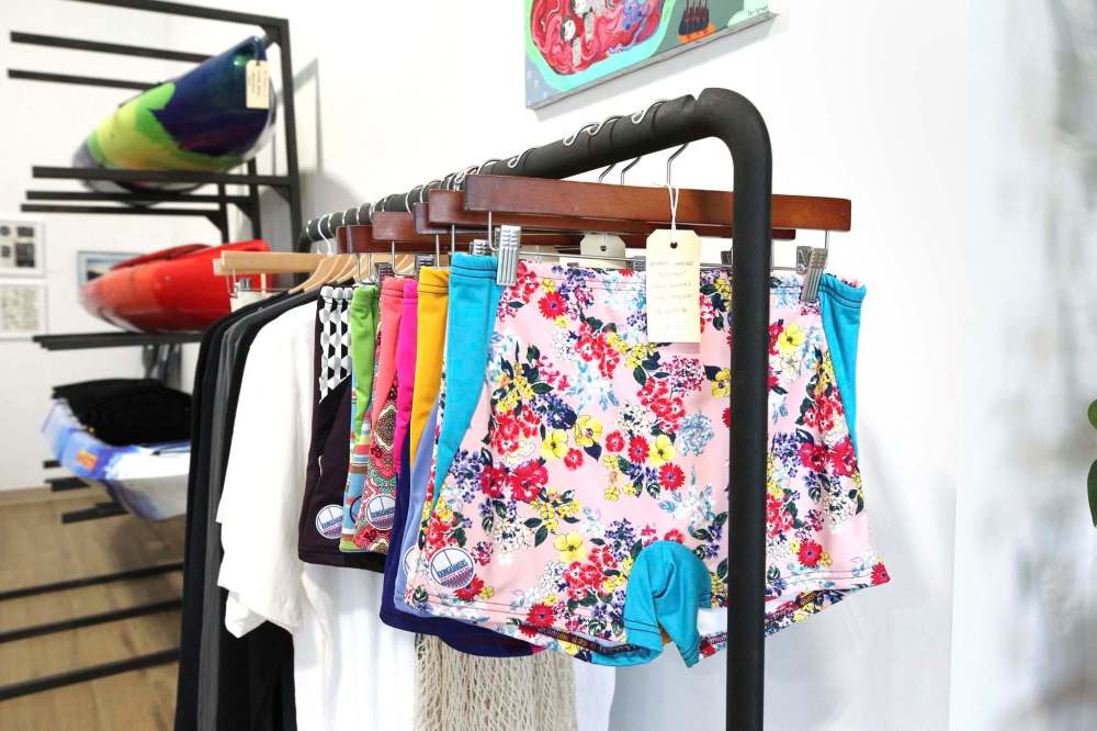 Handprinted swimsuits by Lounge Lakers Electric Swims. (Ruth Bonneville / Winnipeg Free Press)