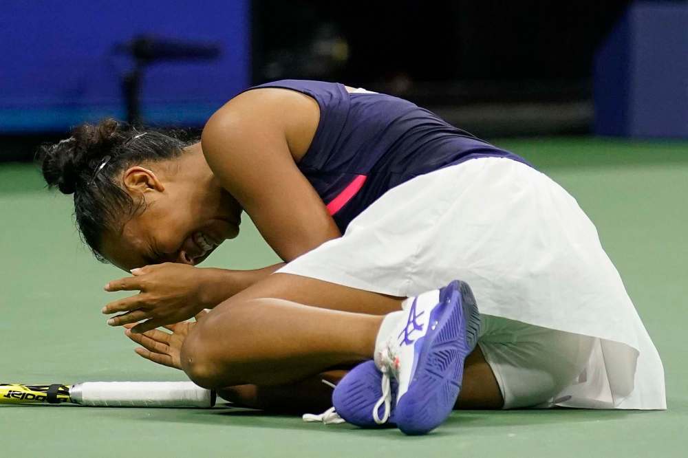 Seth Wenig / The Associated Press
Leylah Fernandez, of Canada, reacts after defeating Aryna Sabalenka,of Belarus, during the semifinals of the US Open tennis championships, Thursday, Sept. 9, 2021, in New York.