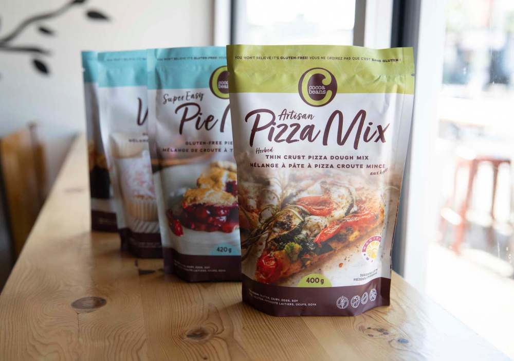 Cocoabeans gluten-free packaged dough mixes are available for customers to make for themselves at home. (Jessica Lee / Winnipeg Free Press)