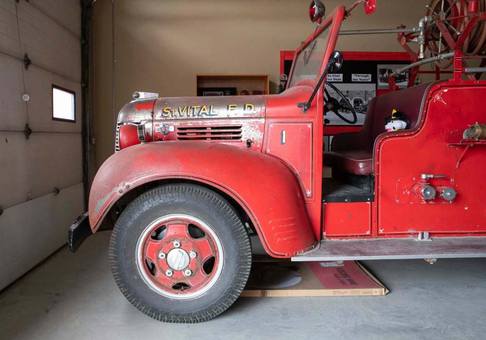 A restored St. Vital fire department truck is a showcase piece. (Jessica Lee / Winnipeg Free Press)
