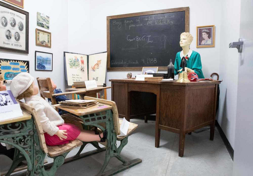 A recreation of an old-time school room with items from Mountbatten School at the museum. (Jessica Lee / Winnipeg Free Press)