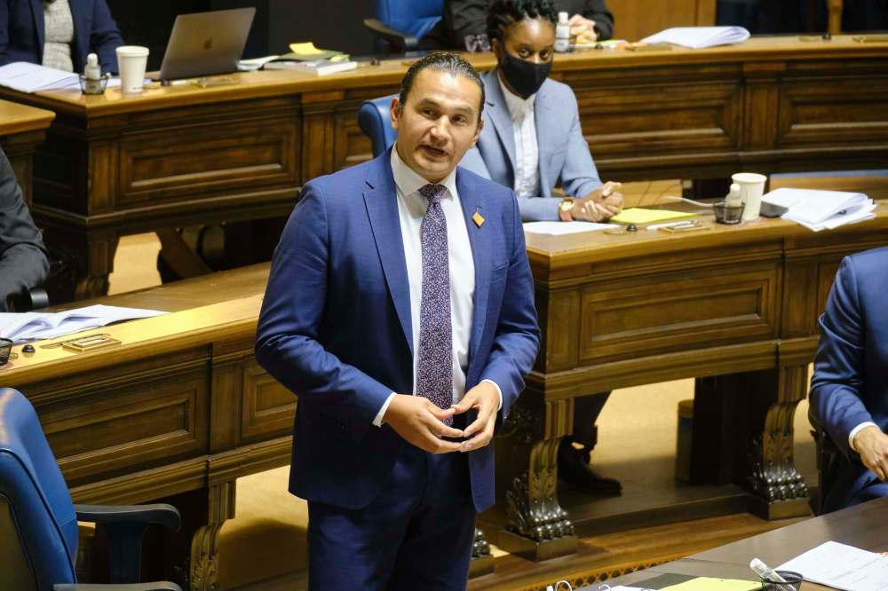 MIKE DEAL / WINNIPEG FREE PRESSOpposition leader Wab Kinew speaks during question period.Premier Kelvin Goertzen and Opposition leader Wab Kinew along with about two-thirds of the MLA's attend the start of a very short session of the legislative assembly Wednesday afternoon. There will be two more days this week and three next week before the end of the session so that the governing Conservative party can elect a new leader who will become the next Premier at the end of the month.211006 - Wednesday, October 06, 2021.