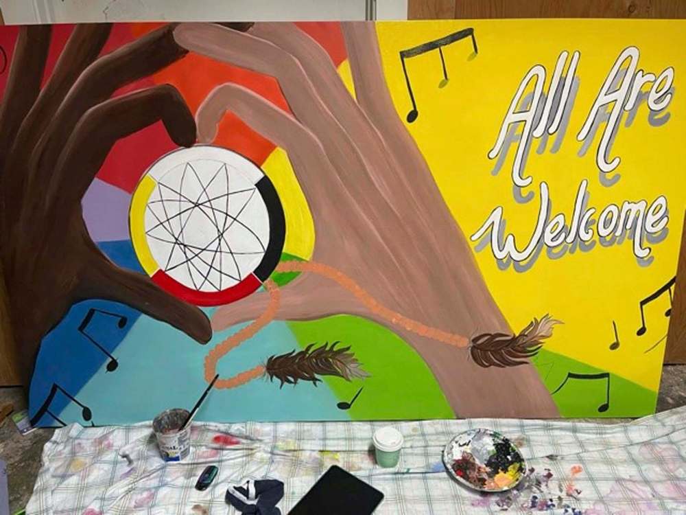Love’s All are Welcome mural, commissioned for display outside Fort Garry United Church. (Supplied)