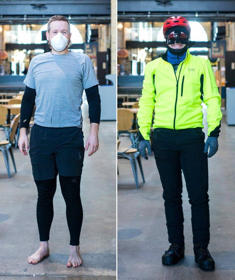 MIKAELA MACKENZIE / WINNIPEG FREE PRESS
Perry before and after layering up for a winter ride.