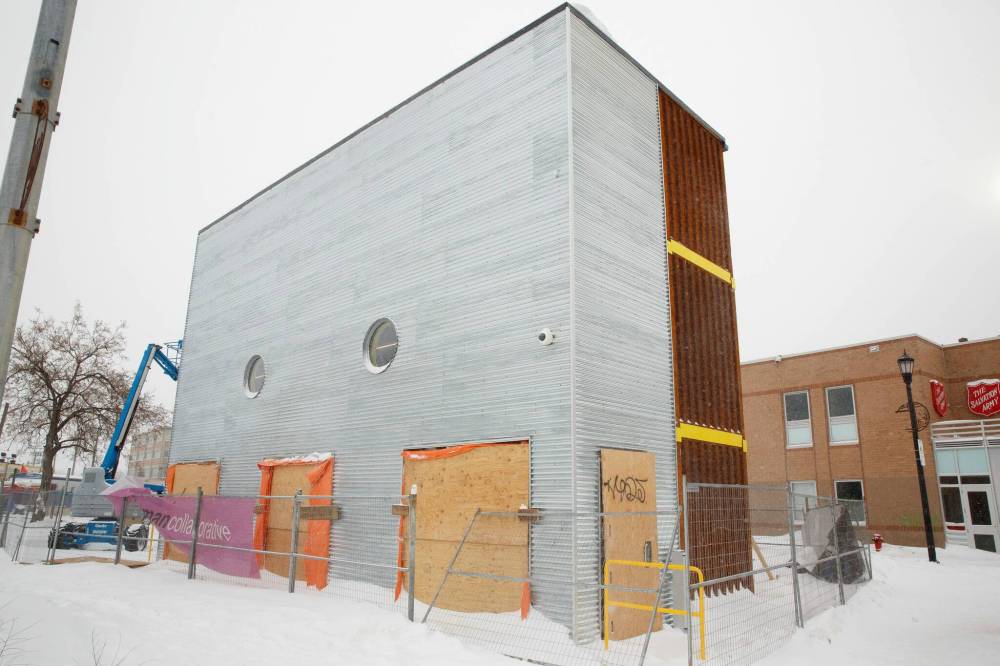 MIKE DEAL / WINNIPEG FREE PRESS The public washroom slated for 715 Main was originally expected in December or January but now isn’t expected to open until March “because of material delays.” Wins Bridgman, the project’s architect, says large glass garage doors have been delayed, pushing the opening date back. He and Coun. Sherri Rollins say the project remains really important to provide vulnerable folks with access to washrooms. A city spokesperson says “the ongoing pandemic will affect nearly all city projects to varying degrees but those impacts will differ from project to project. Some construction materials may have longer order and delivery times than others. The city is regularly informing members of council about these delays with as much information as we have available to us. Delays are a major issue impacting the construction industry and city projects are experiencing that as a result.” 220201 - Tuesday, February 01, 2022.