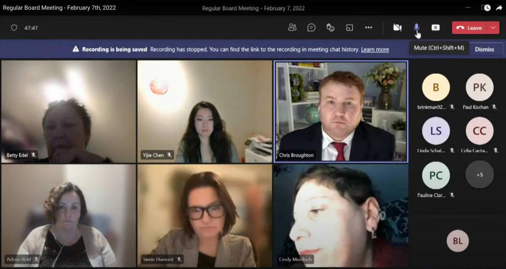 YOUTUBE
The Winnipeg School Division board paused a virtual meeting before removing Cindy Murdoch (bottom right) “due to improper conduct”.