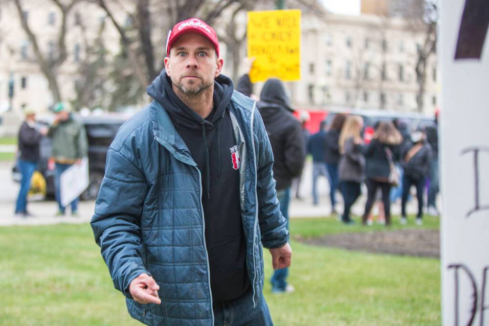 MIKAELA MACKENZIE / WINNIPEG FREE PRESS FILES
Patrick Allard shouts at media at a protest in front of the Law Courts in Winnipeg last May. Allard is running as an independent in the March 22 Fort Whyte byelection.