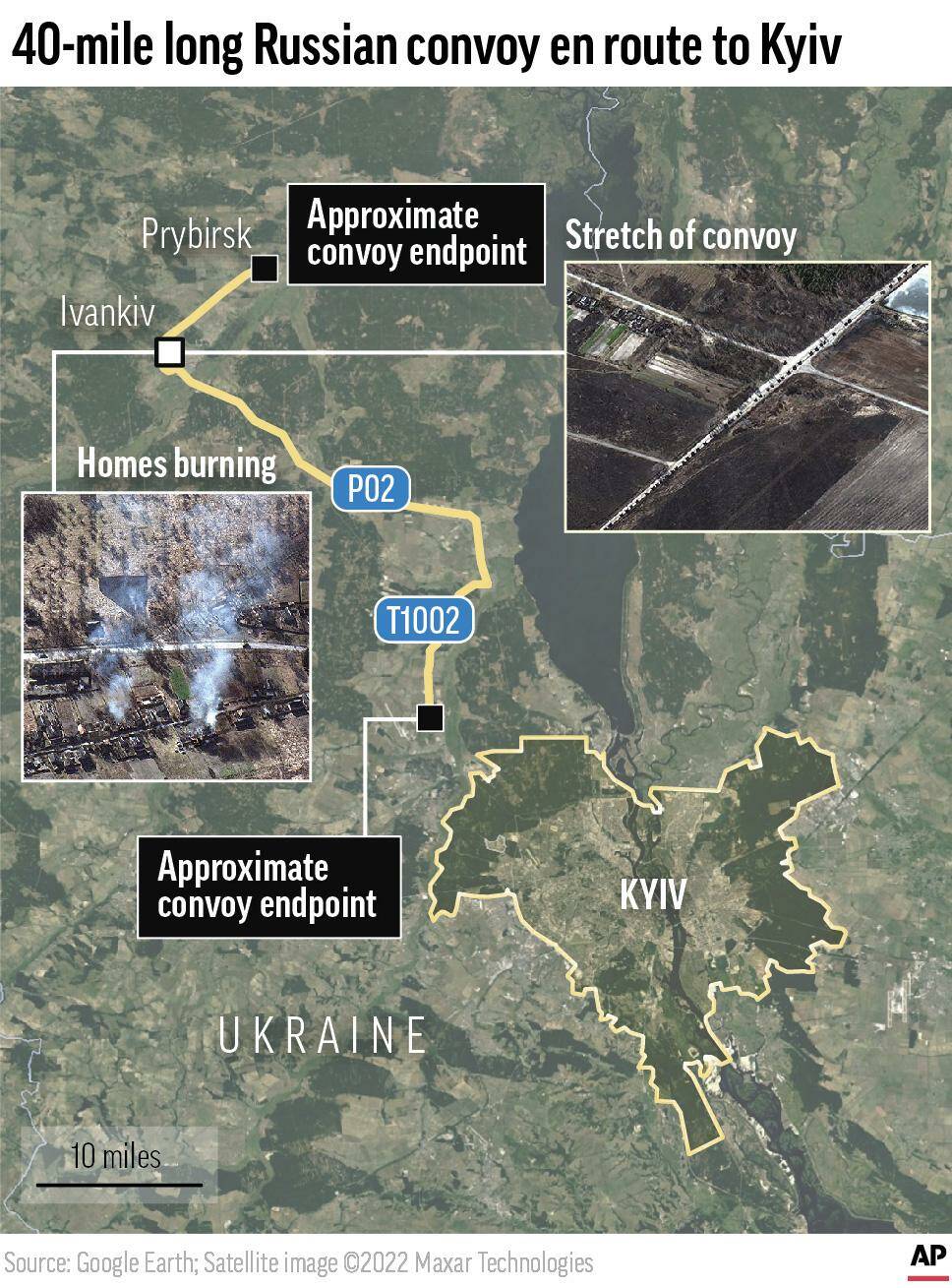 A 40-mile (64-kilometer) convoy of hundreds of Russian tanks and other vehicles is advancing slowly on Kyiv. (The Associated Press)