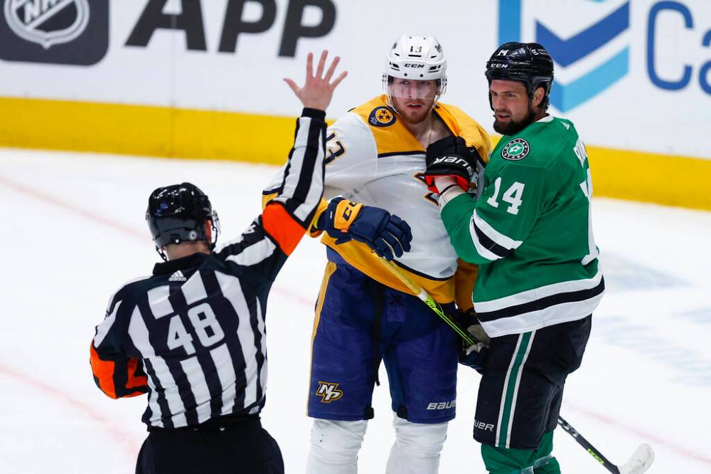 BRANDON WADE / ASSOCIATED PRESS FILE
Much confusions ensued after Stars captain Jamie Benn went after Nashville Predators forward Yakov Trenin after Trenin delivered a headshot to John Klingburg.