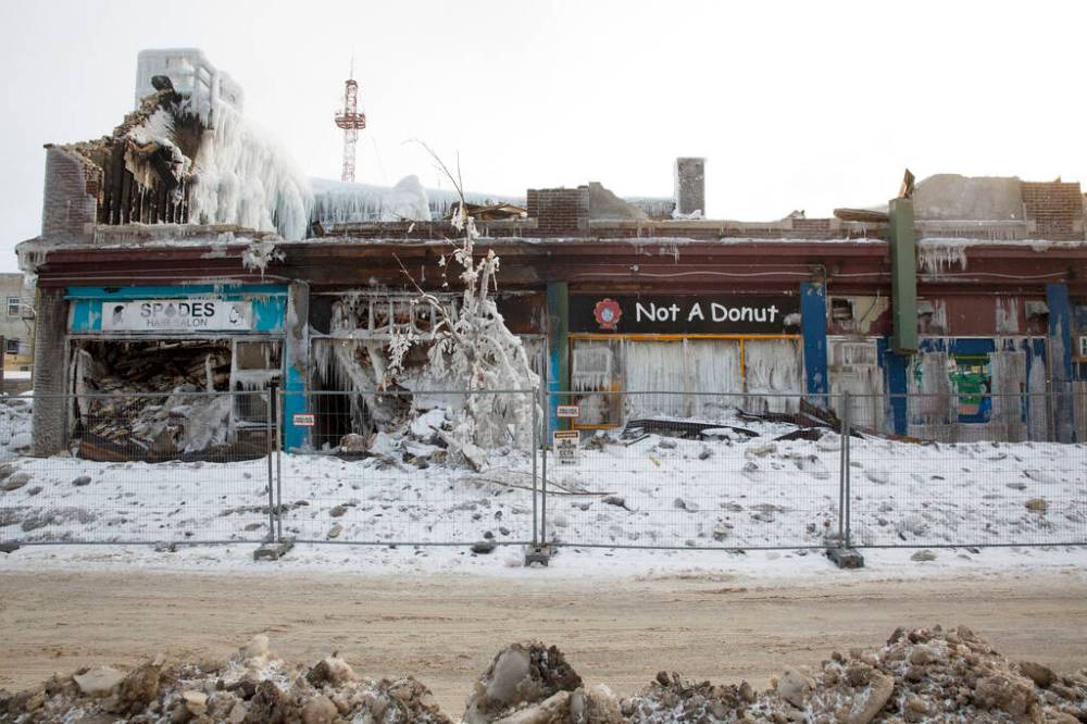 MIKE DEAL / WINNIPEG FREE PRESS
The destroyed store fronts of the Kirkwood Block at Portage Avenue and Langside Street. Fire ripped through the structure at the beginning of February.
