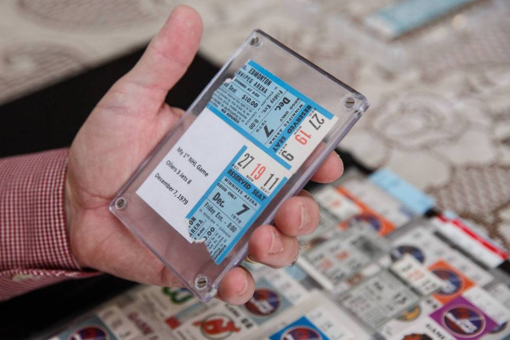 MIKE DEAL / WINNIPEG FREE PRESS
Rob acquired the ticket stubs from his first NHL game on Dec. 7, 1979, from another collector. When he went to this game it was with a group of crossing guards and he didn’t get an individual ticket for that game.