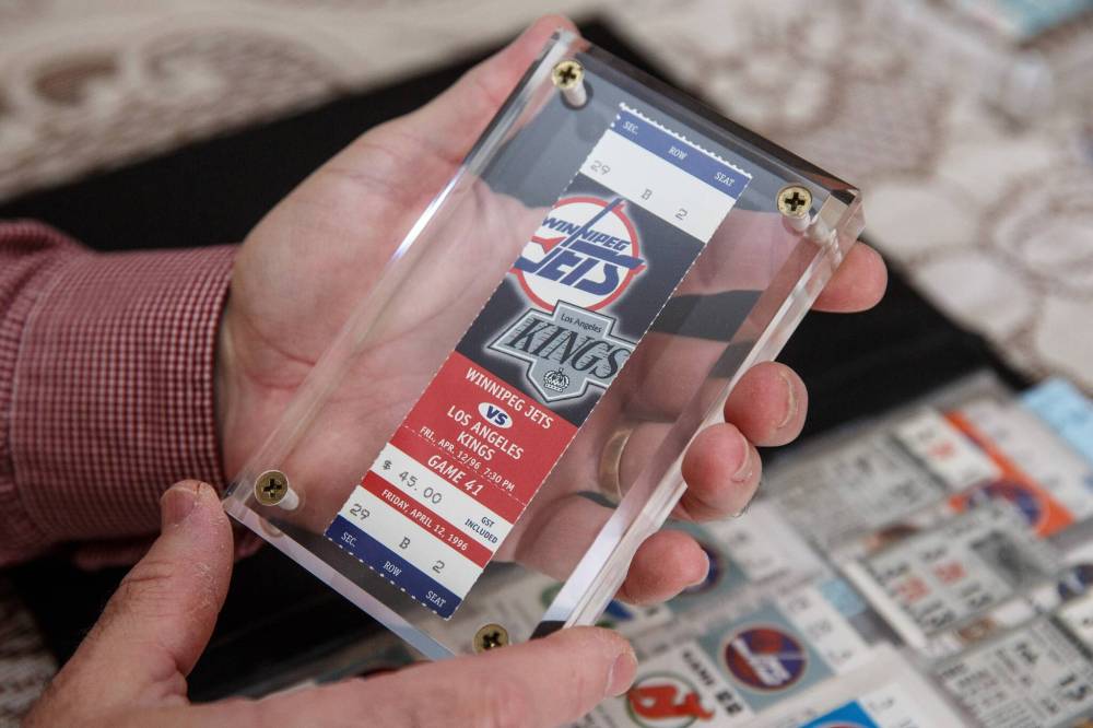 MIKE DEAL / WINNIPEG FREE PRESSThis is a ticket stub from the last regular season game for the original Jets when they played the Los Angeles Kings on April 12, 1996.