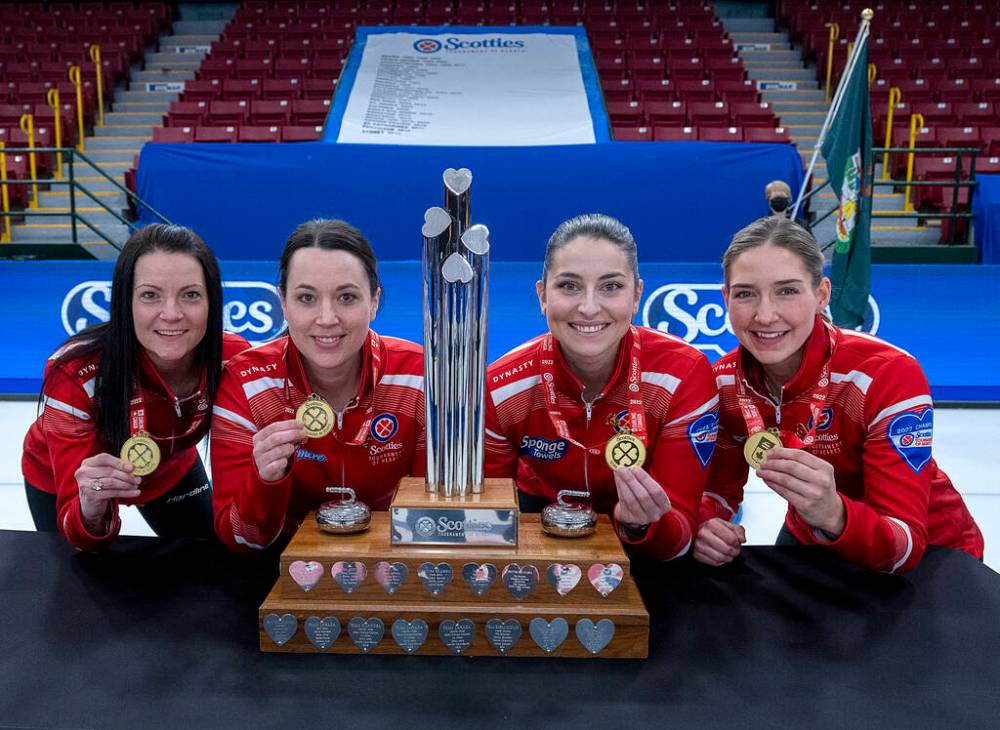 Team Canada skip Kerri Einarson (from left), third Val Sweeting, second Shannon Birchard and lead Briane Meilleu after winning the Scotties Tournament of Hearts in February. (Andrew Vaughan / The Canadian Press files)