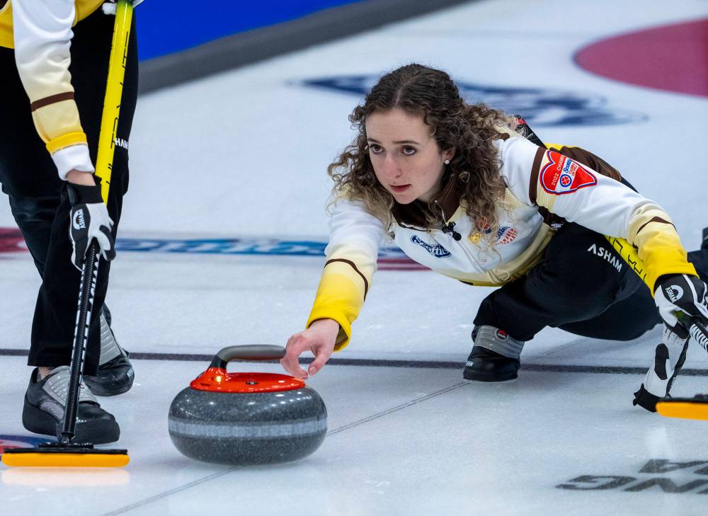 Manitoba skip Mackenzie Zacharias releases a rock as they play Quebec at the Scotties Tournament of Hearts at Fort William Gardens in Thunder Bay, Ont. on Wednesday, Feb. 2, 2022. (Andrew Vaughan / The Canadian Press files)