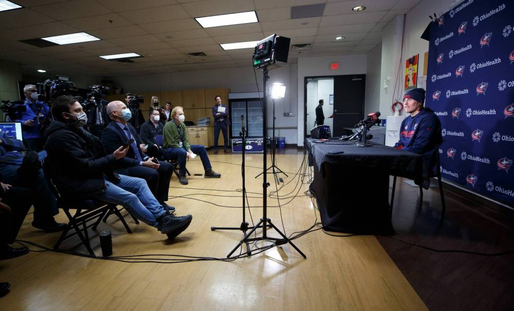 MIKE DEAL / WINNIPEG FREE PRESS Former Winnipeg Jet, Patrik Laine, who was traded to the Columbus Blue Jackets in 2021 talks to the media about playing his first game as an opponent in the Canada Life Centre. 220325 - Friday, March 25, 2022.