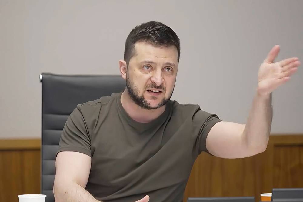 Ukrainian President Volodymyr Zelenskyy speaks during an interview with independent Russian news media from Kyiv, Ukraine on Sunday. (The Associated Press)