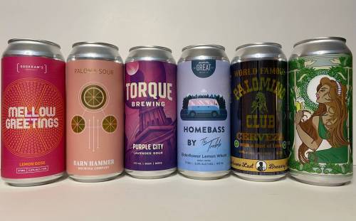 From left: Sookram’s Mellow Greeting Lemon Gose, Barn Hammer Paloma Sour, Torque Purple City Lavender Sour, One Great City Homebass, Handsome Lad Palomino Club Cerveza, Half Pints Spring Equinox IPA