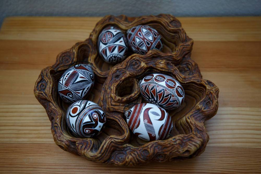 A tray of Trypillian-style pysanky eggs. The Trypillian culture dates back to 3500 BC and the distinctive cultural symbols have been carried through Ukrainian pysanky eggs.