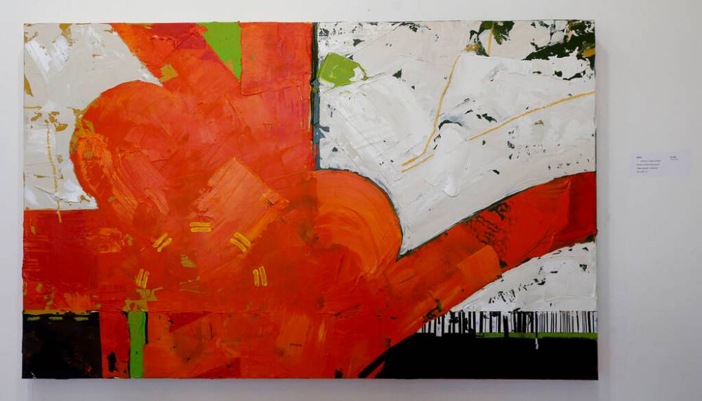 JOHN WOODS / WINNIPEG FREE PRESS
Hiebert created about 30 paintings on wood and canvas that use the shape depicted on the sign and lift it beyond the usual feelings it instils in motorists, such as anger, frustration and despair.